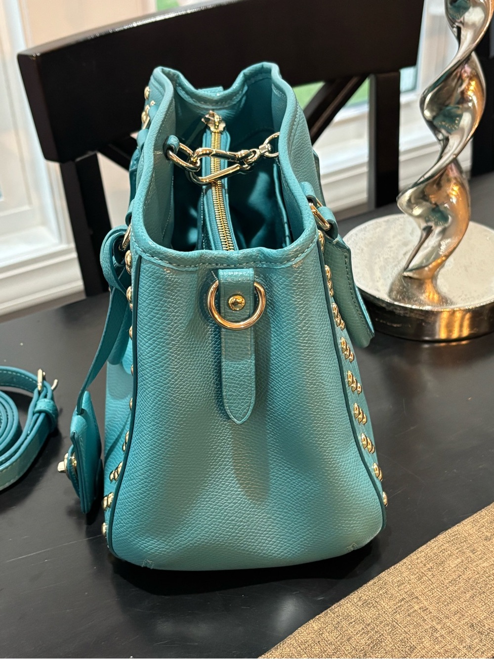 Coach Margot Studded Carryall Crossbody Aqua Blue Pebbled Leather Silver Rivets - Picture 7 of 16